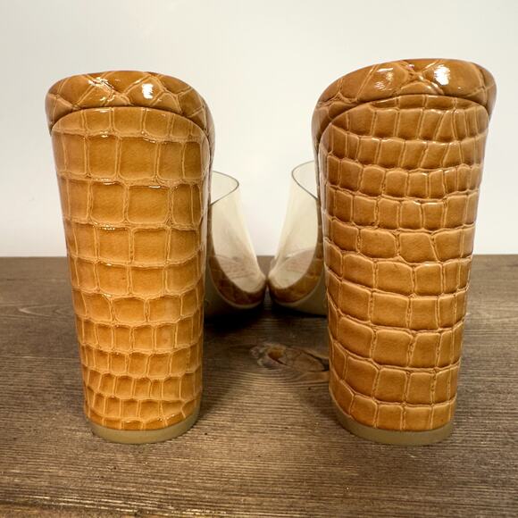 Wild Diva Lounge Lucite Chunky Block Heel Sandals SZ 6 Mustard Tan Croc Print - Picture 4 of 10
